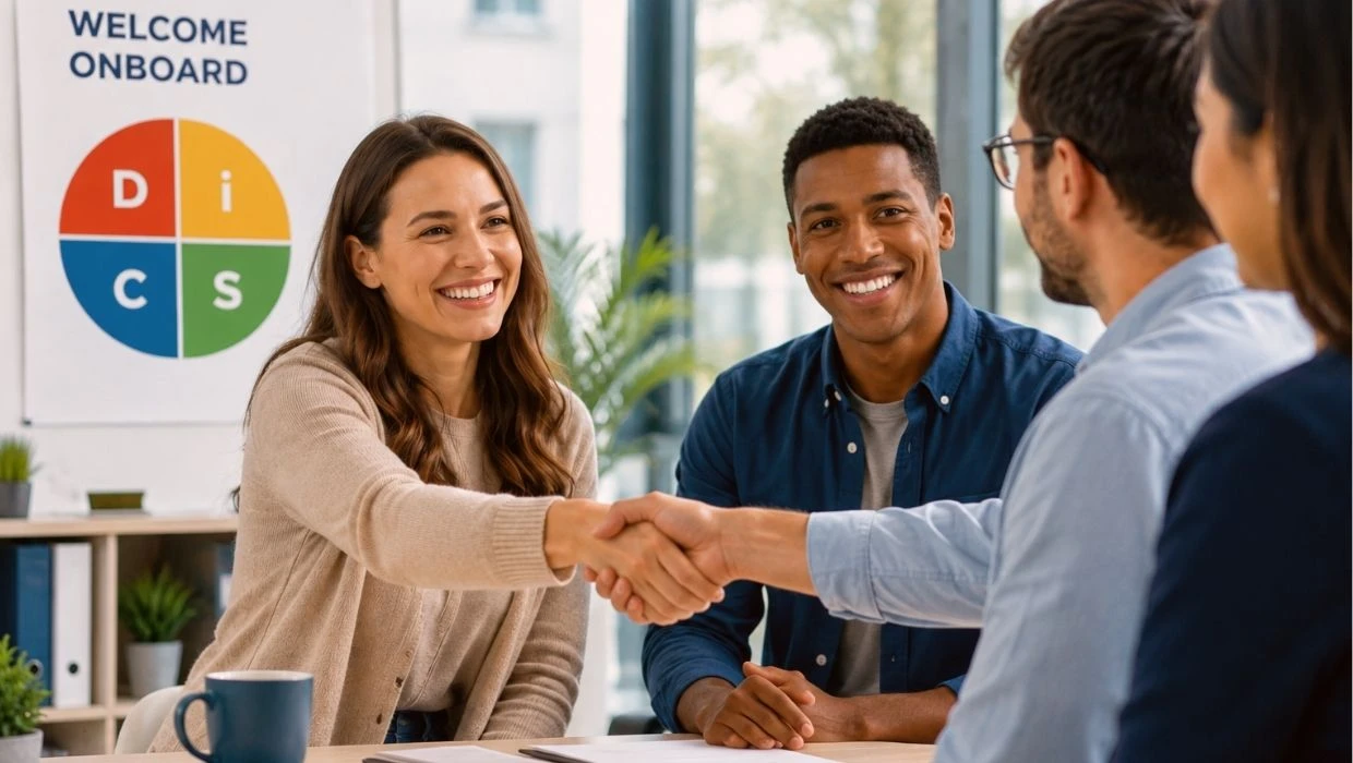 Équipe en entreprise accueillant un nouveau collaborateur lors d’un échange convivial, avec un tableau présentant les quatre profils DISC : D, I, S et C.